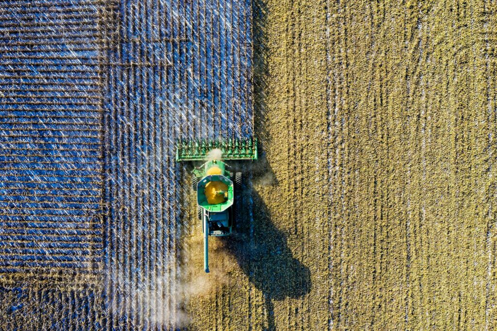 aerial shot of green milling tractor